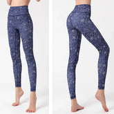 High-waisted blue floral print leggings, slim fit, stretchy fabric, full length