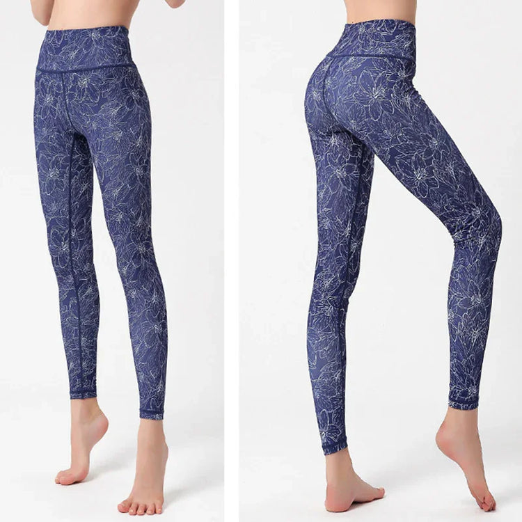 High-waisted blue floral print leggings, slim fit, stretchy fabric, full length