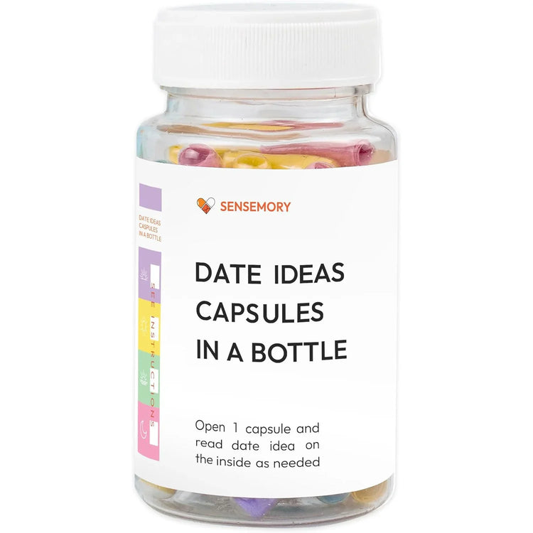 Clear bottle containing colorful capsules labeled &