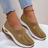Light brown knit slip-on sneakers with white soles, perforated design, casual fit