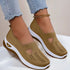 Light brown knit slip-on sneakers with white soles, perforated design, casual fit