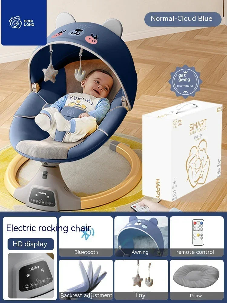 Blue electric baby rocking chair with bear ears, plush seat, canopy, and hanging toys