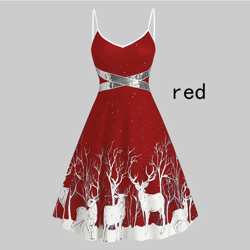 Red sleeveless dress with white deer and tree print, fitted waist, flared knee-length skirt