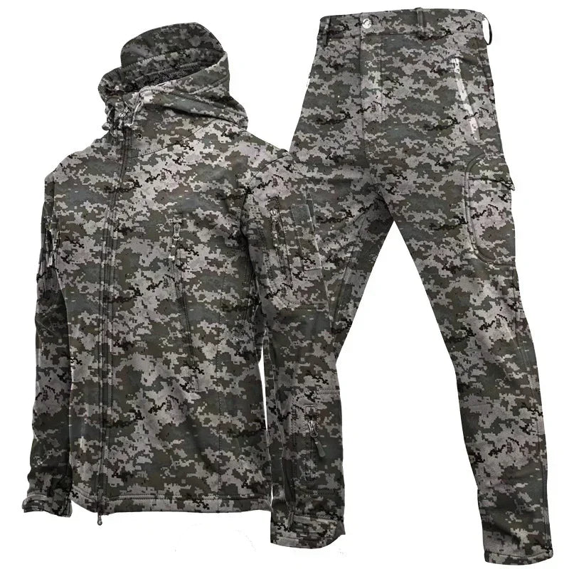 Men's digital camouflage jacket and pants set, water-resistant material, slim fit streetwear.
