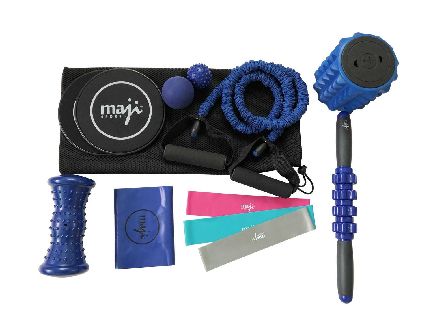Assorted blue and black fitness accessories including resistance bands, massage rollers, and sliders.