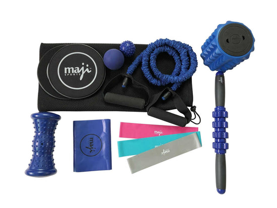 Assorted blue and black fitness accessories including resistance bands, massage rollers, and sliders.
