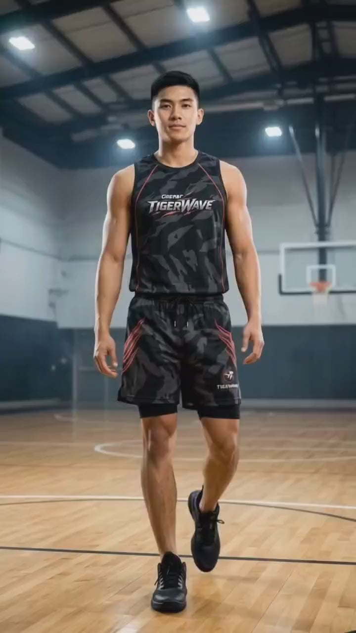 Male athlete in TigerWave EmberEye performance set, sleeveless black camo tank top and matching shorts with red accents, on indoor basketball court