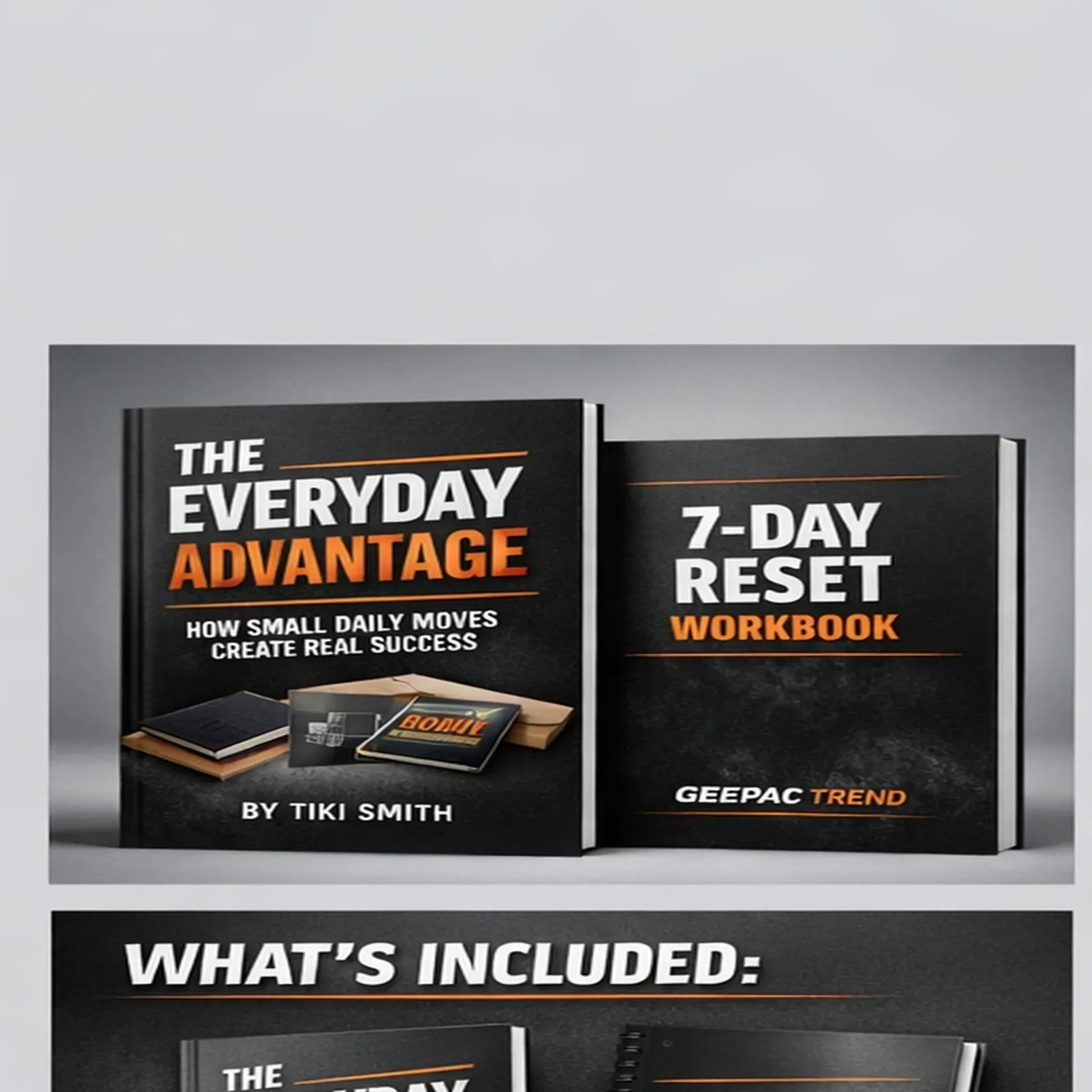 Two hardcover books with bold black covers, modern fonts, and orange accents, set upright.