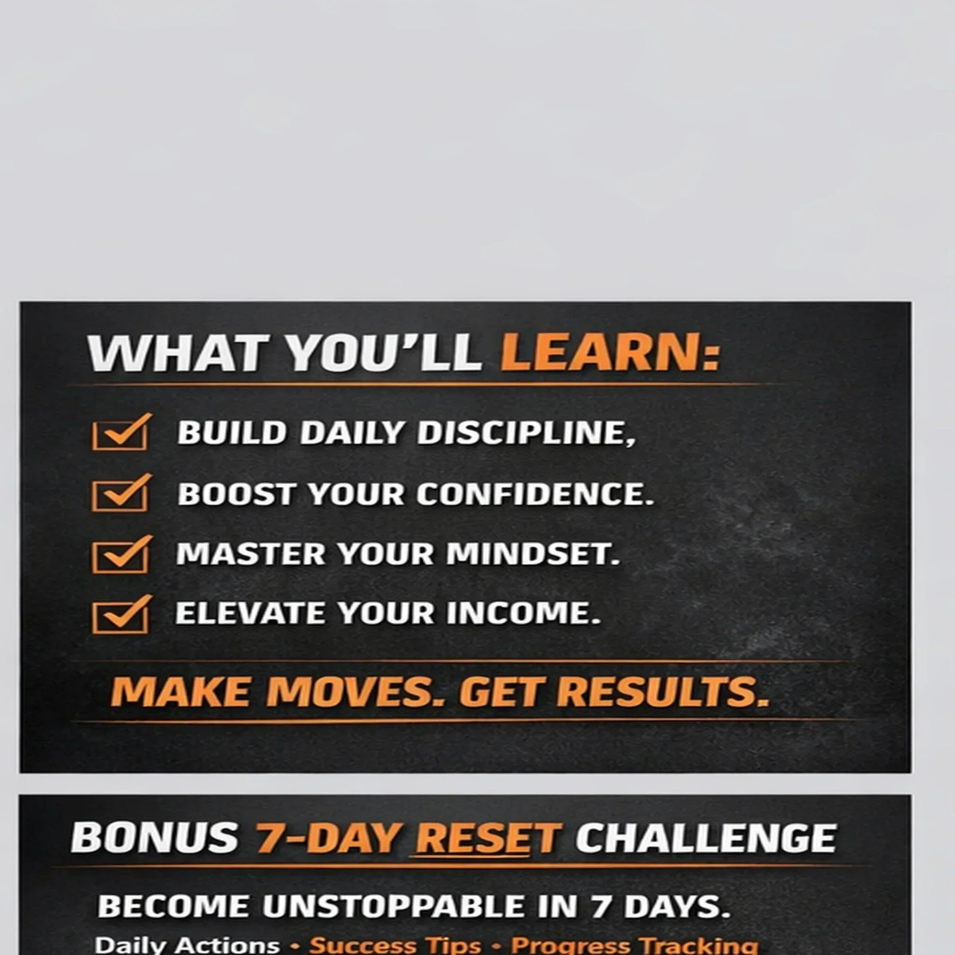 Text graphic with motivational learning outcomes, black background, orange highlights.